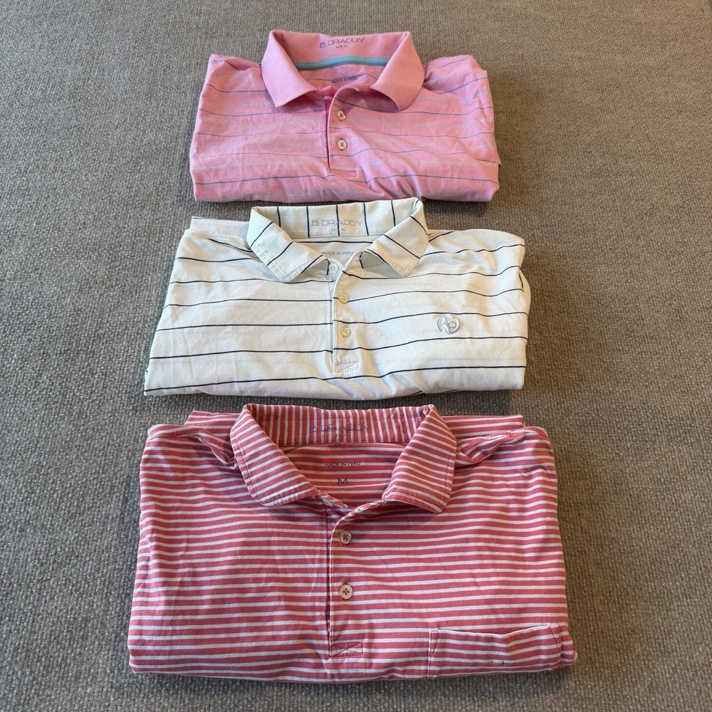 LOT OF 3 B Draddy Shirts Mens Size M Pink/White  Striped Golf Polo's‎